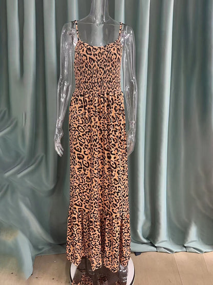 Women Strap Fashion Leopard Print V-Neck Long Maxi Party Dress