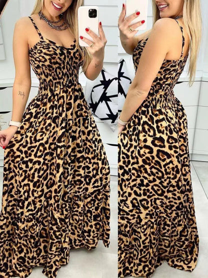 Women Strap Fashion Leopard Print V-Neck Long Maxi Party Dress