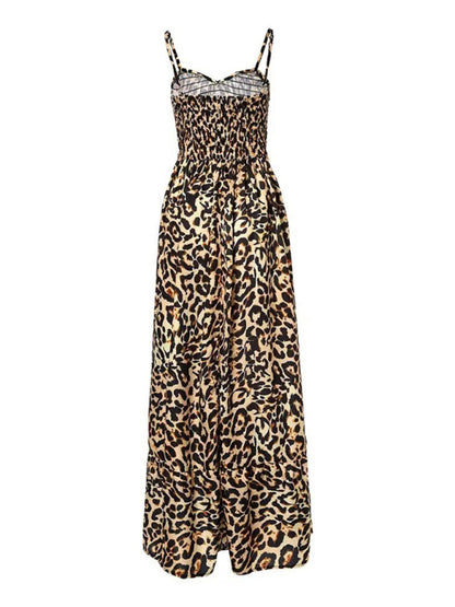 Women Strap Fashion Leopard Print V-Neck Long Maxi Party Dress