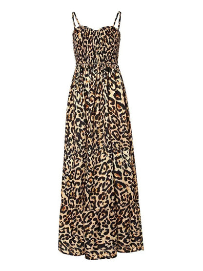 Women Strap Fashion Leopard Print V-Neck Long Maxi Party Dress