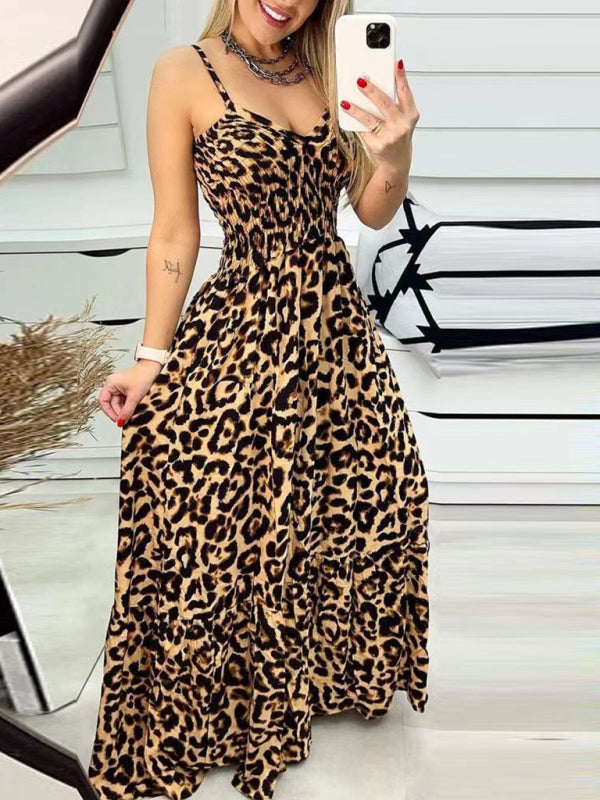 Women Strap Fashion Leopard Print V-Neck Long Maxi Party Dress