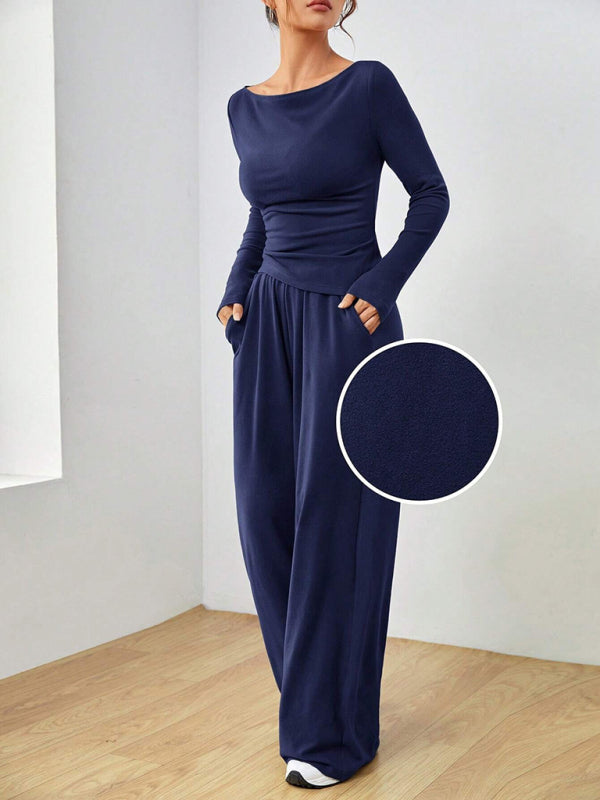 Women's solid color long-sleeved wide-leg trousers fashionable two-piece setd