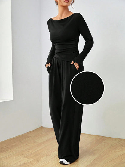 Women's solid color long-sleeved wide-leg trousers fashionable two-piece setd