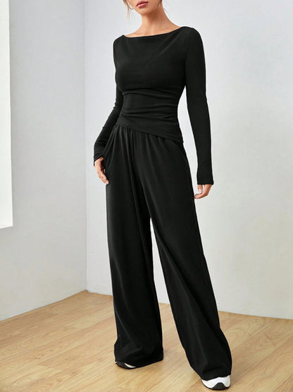 Women's solid color long-sleeved wide-leg trousers fashionable two-piece setd