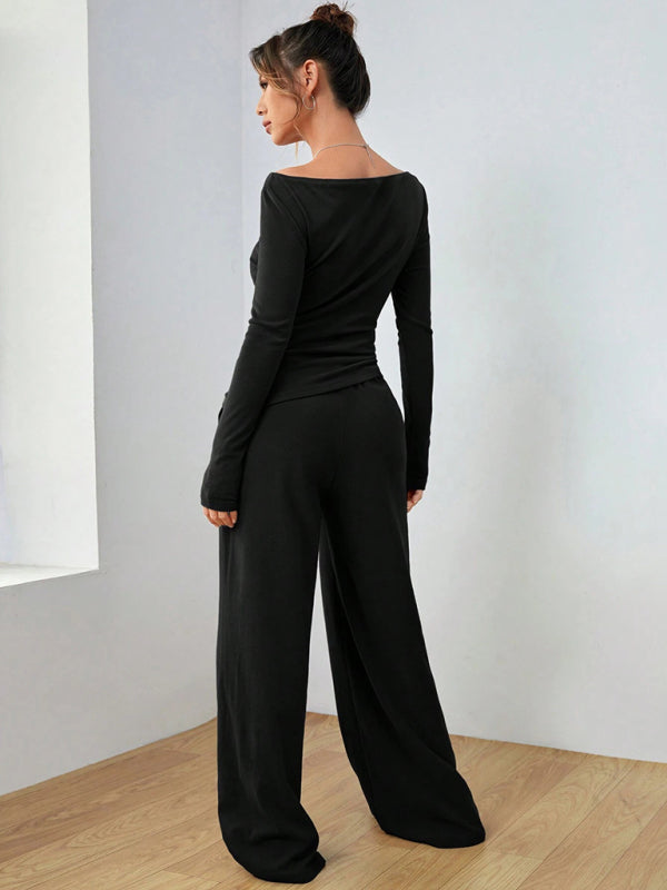 Women's solid color long-sleeved wide-leg trousers fashionable two-piece setd