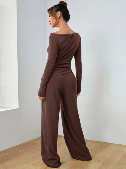 Women's solid color long-sleeved wide-leg trousers fashionable two-piece setd