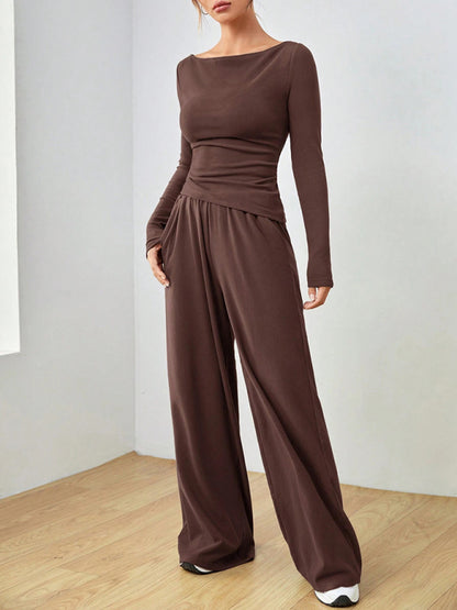 Women's solid color long-sleeved wide-leg trousers fashionable two-piece setd