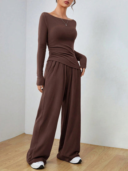 Women's solid color long-sleeved wide-leg trousers fashionable two-piece setd