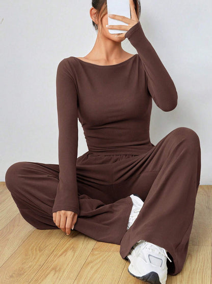 Women's solid color long-sleeved wide-leg trousers fashionable two-piece setd