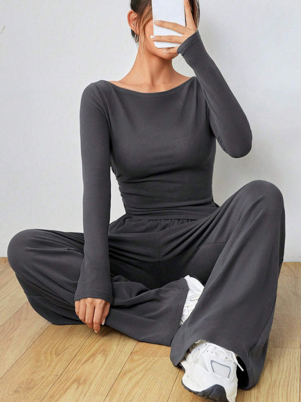 Women's solid color long-sleeved wide-leg trousers fashionable two-piece setd