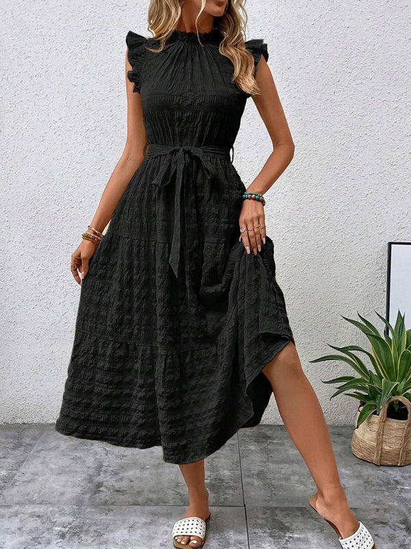 Women Fashion Ruffled Flying Sleeve Lace-up Textured Party Dress