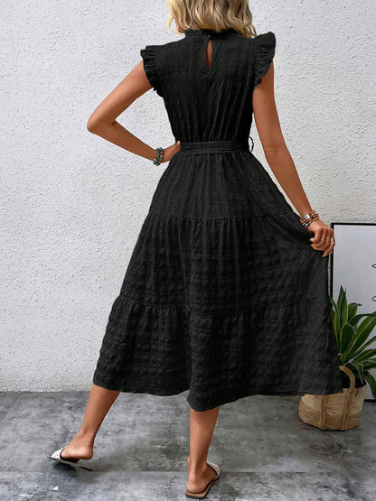 Women Fashion Ruffled Flying Sleeve Lace-up Textured Party Dress