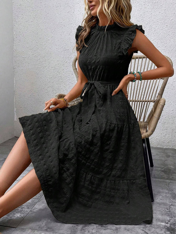 Women Fashion Ruffled Flying Sleeve Lace-up Textured Party Dress