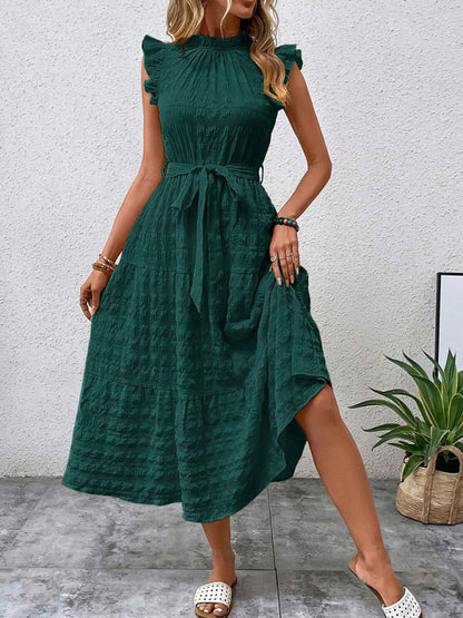 Women Fashion Ruffled Flying Sleeve Lace-up Textured Party Dress