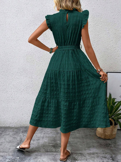 Women Fashion Ruffled Flying Sleeve Lace-up Textured Party Dress