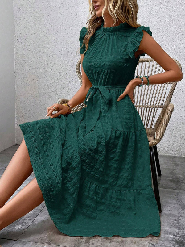 Women Fashion Ruffled Flying Sleeve Lace-up Textured Party Dress