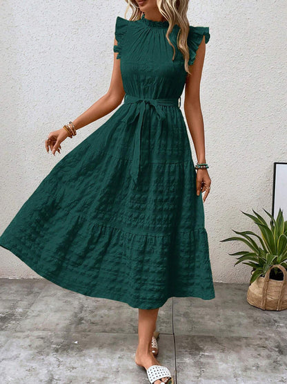 Women Fashion Ruffled Flying Sleeve Lace-up Textured Party Dress