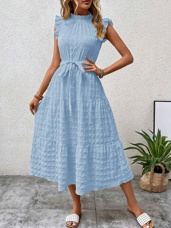 Women Fashion Ruffled Flying Sleeve Lace-up Textured Party Dress