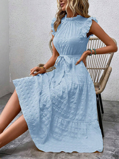 Women Fashion Ruffled Flying Sleeve Lace-up Textured Party Dress