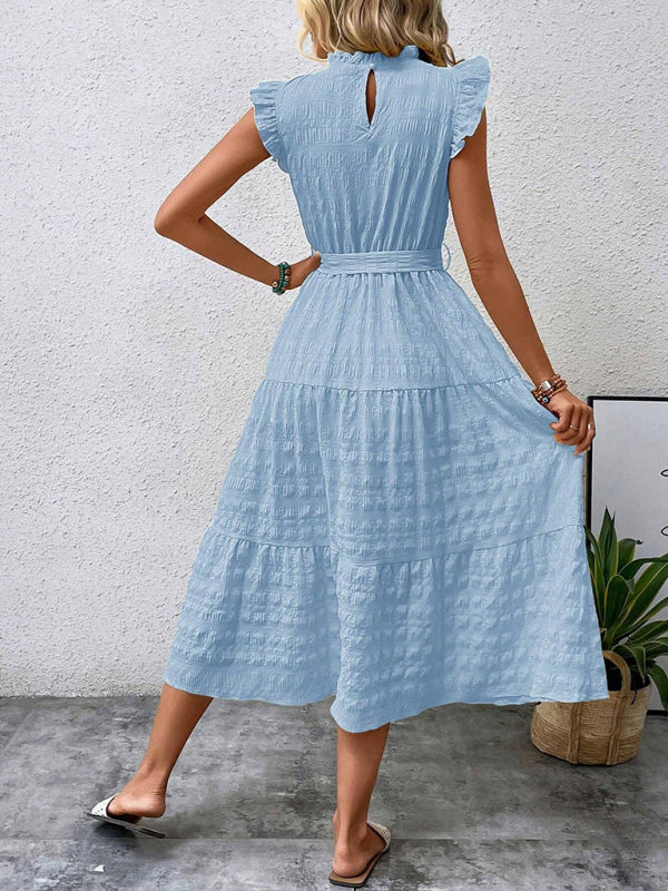 Women Fashion Ruffled Flying Sleeve Lace-up Textured Party Dress