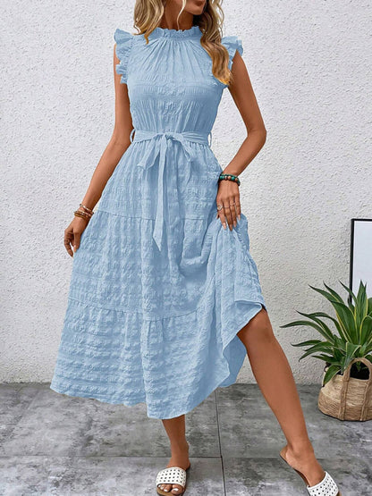 Women Fashion Ruffled Flying Sleeve Lace-up Textured Party Dress