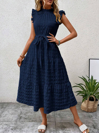 Women Fashion Ruffled Flying Sleeve Lace-up Textured Party Dress