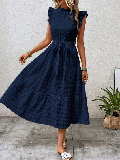 Women Fashion Ruffled Flying Sleeve Lace-up Textured Party Dress