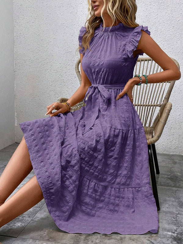 Women Fashion Ruffled Flying Sleeve Lace-up Textured Party Dress