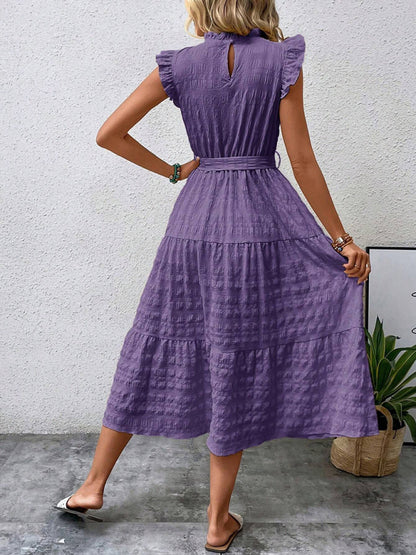 Women Fashion Ruffled Flying Sleeve Lace-up Textured Party Dress