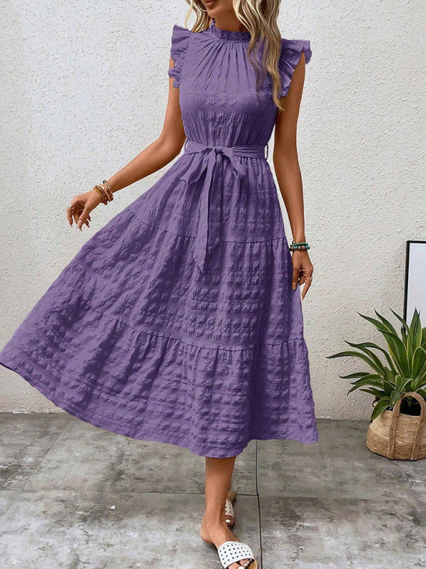 Women Fashion Ruffled Flying Sleeve Lace-up Textured Party Dress