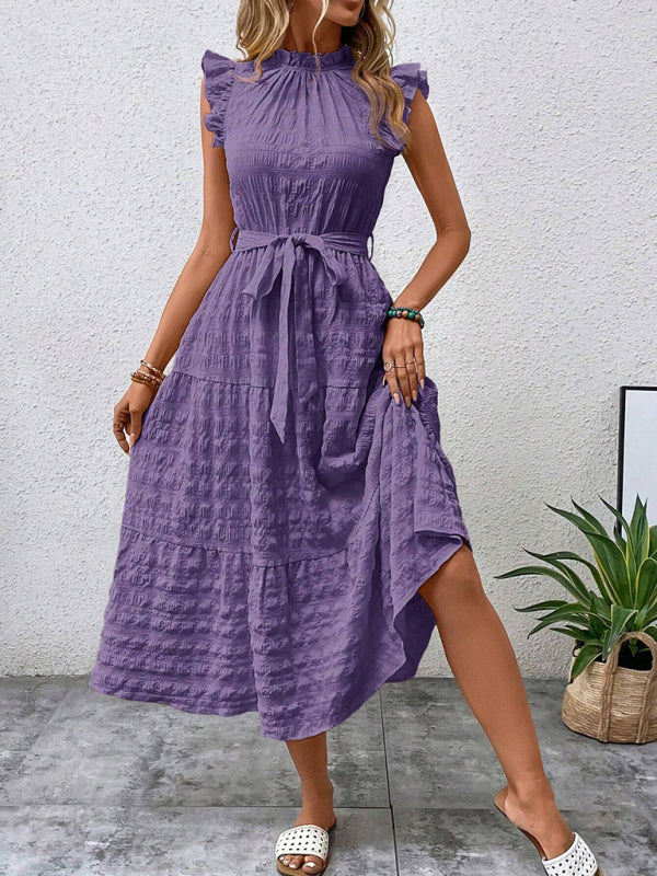 Women Fashion Ruffled Flying Sleeve Lace-up Textured Party Dress