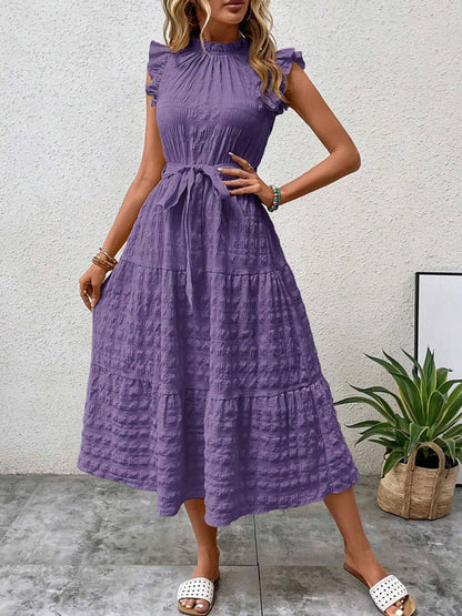 Women Fashion Ruffled Flying Sleeve Lace-up Textured Party Dress