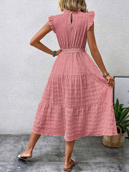 Women Fashion Ruffled Flying Sleeve Lace-up Textured Party Dress