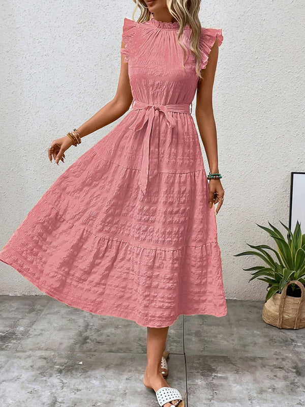 Women Fashion Ruffled Flying Sleeve Lace-up Textured Party Dress