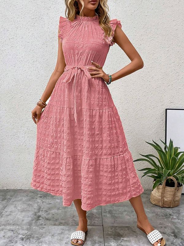 Women Fashion Ruffled Flying Sleeve Lace-up Textured Party Dress