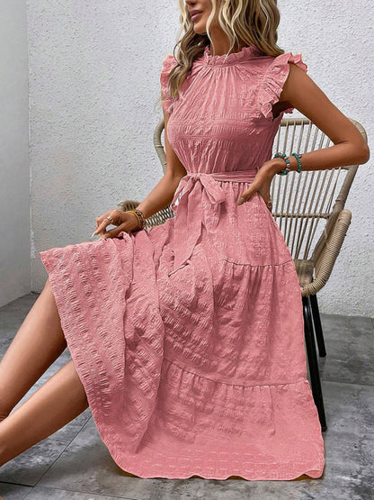 Women Fashion Ruffled Flying Sleeve Lace-up Textured Party Dress