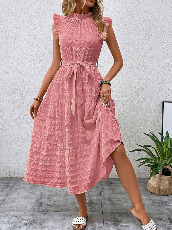 Women Fashion Ruffled Flying Sleeve Lace-up Textured Party Dress