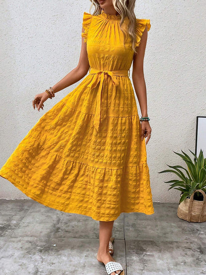 Women Fashion Ruffled Flying Sleeve Lace-up Textured Party Dress