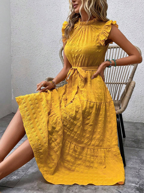 Women Fashion Ruffled Flying Sleeve Lace-up Textured Party Dress