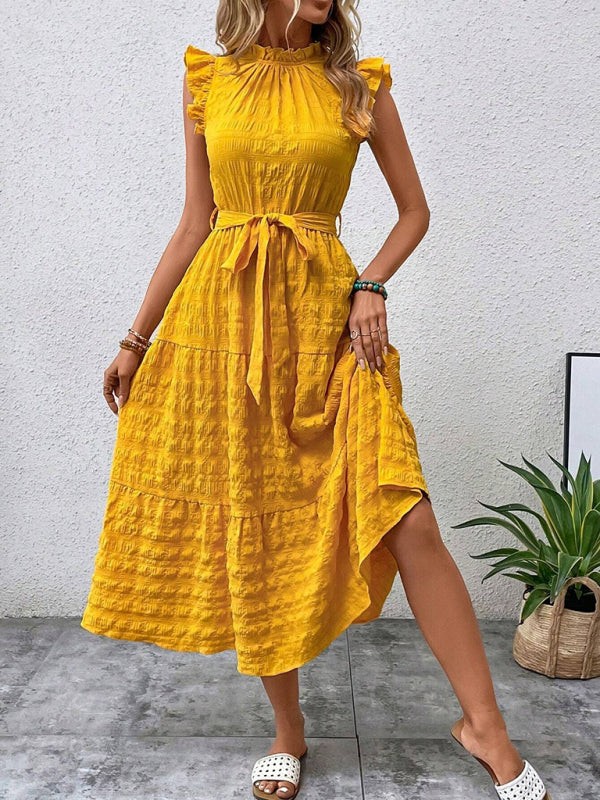 Women Fashion Ruffled Flying Sleeve Lace-up Textured Party Dress