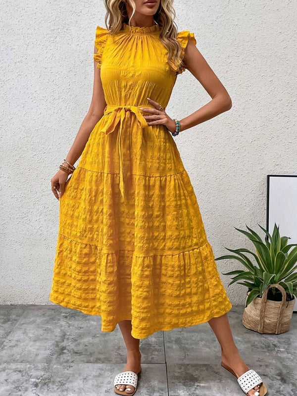 Women Fashion Ruffled Flying Sleeve Lace-up Textured Party Dress