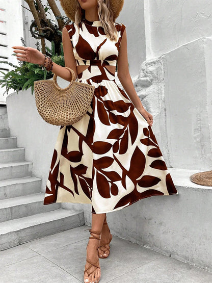 Round Neck Short Sleeve High Waist Plant Flower Print Long Party Dress