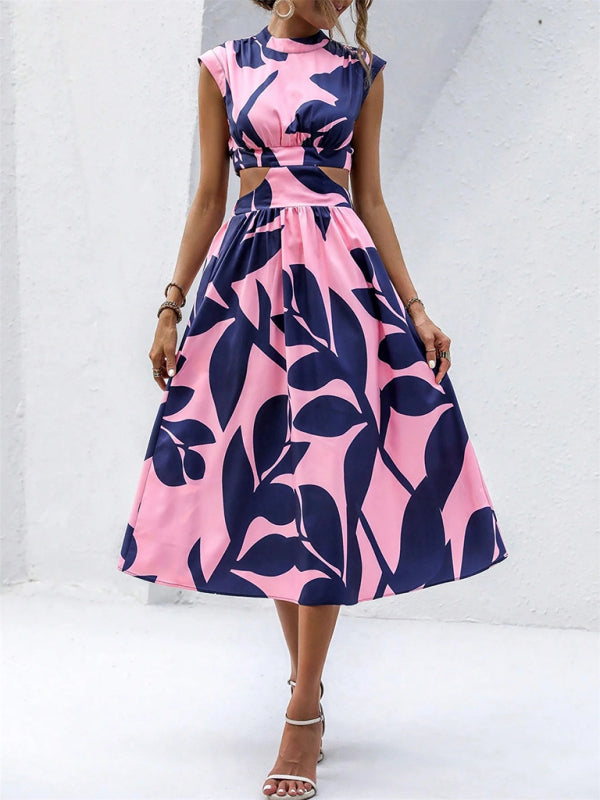 Round Neck Short Sleeve High Waist Plant Flower Print Long Party Dress