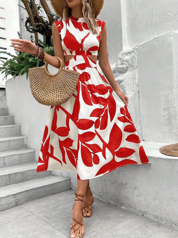 Round Neck Short Sleeve High Waist Plant Flower Print Long Party Dress