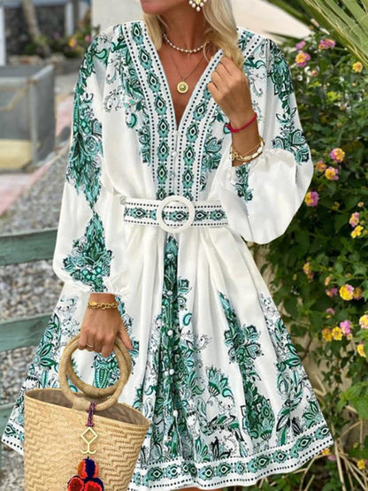 Women's Fashion V Neck Long Sleeve Bohemian Print Party Dress