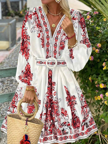 Women's Fashion V Neck Long Sleeve Bohemian Print Party Dress