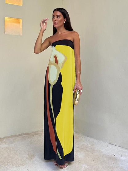 Sexy backless wrap chest prints slim sleeveless evening dress