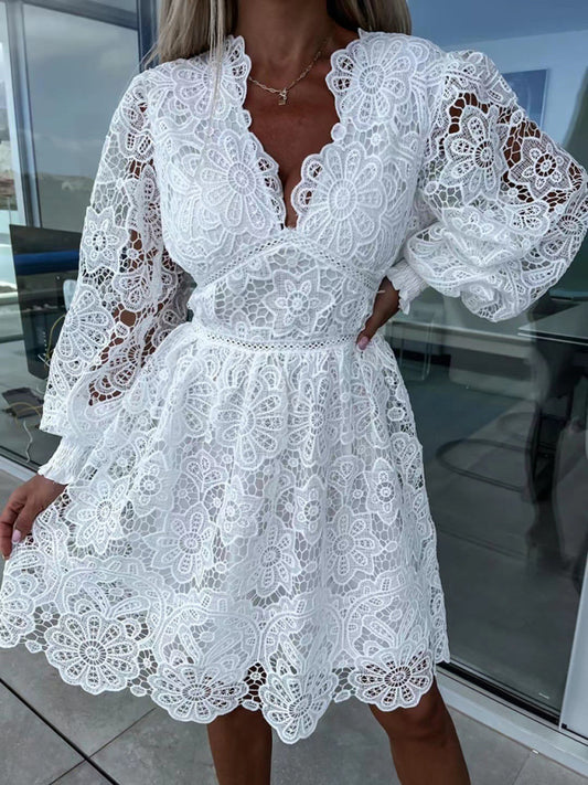 Women's sexy hollow lace v-neck evening party dress