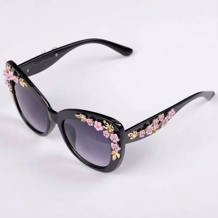 Women Rose Flower Cat Eye Queen Oversize Vintage Designer Sunglasses