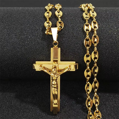 Men Stainless Steel Gold Color Christian Jesus Cross Crucifix Pendant Necklace